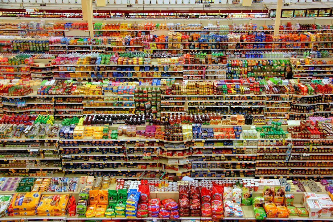 Shelves stocked with grocery products